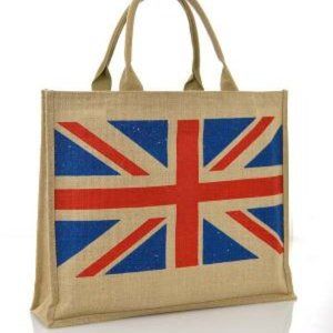 Jute Tote Bag Featuring British Flag New With Zip Top